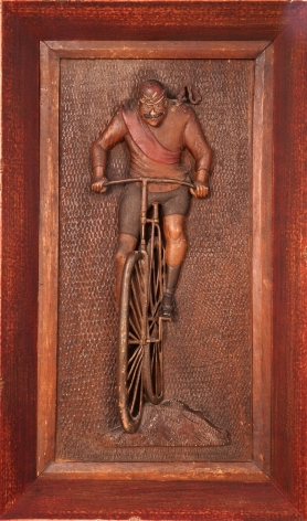 Carved and Polychrome Paint-Decorated Walnut "Racing Bicyclist" Wall Plaque