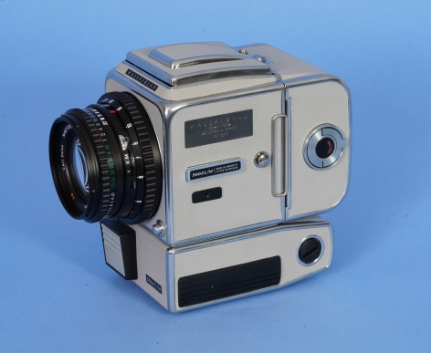 Hasseblad 500 EL/M "Moon Camera" with gray body with matching waist level finder and back.
