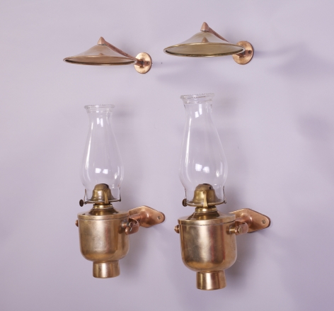 19th Century Brass Pair of Gimballed Lamps with Smoke Bells