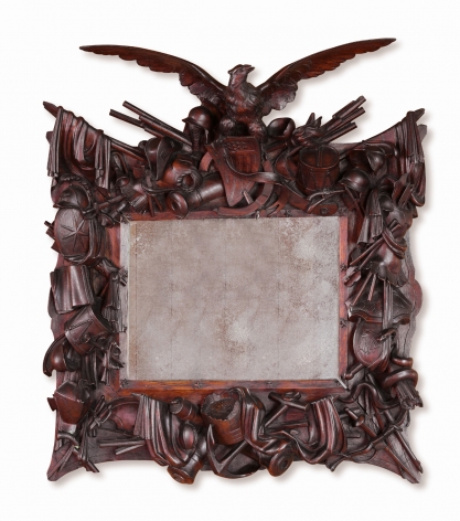 American Centennial Carved Rosewood Frame with History of War Implements with an American Eagle