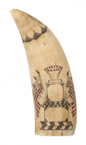 Scrimshaw Whale Tooth with three tier monument with six American flags with inlaid sealing wax, circa 1845