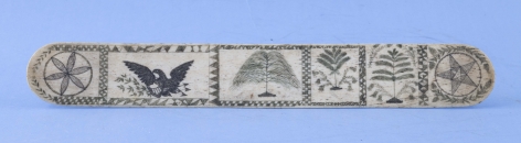 Polychrome Scrimshaw Whale Bone Busk Engraved on Both Sides, American Circa 1860