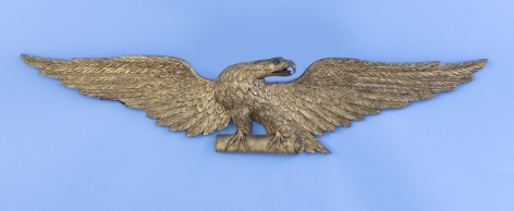Important Carved Gilt Wood Sixty Inch Spread Winged Eagle Clutching a Scroll, American Circa 1860
