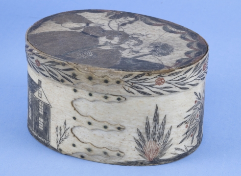 Four and a Half Inchl Scrimshaw Ditty Box with Ploychrome Imagery and Finely Shaped Fingers, American Mid 19th Century