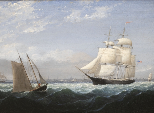 Oil on canvas "Ship in Boston Harbor taking on a Pilot" by F.H. Lane