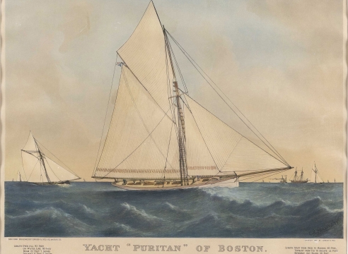 CURRIER & IVES HAND-COLORED LITHOGRAPH "YACHT 'PURITAN' OF BOSTON."