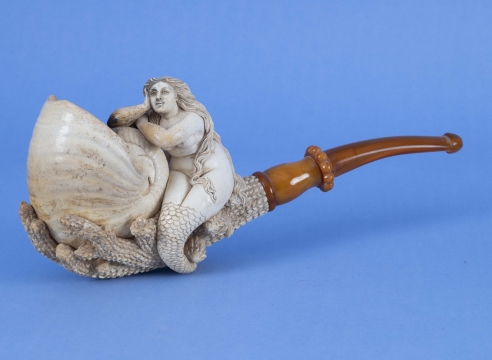Large Meerschaum 19th Century Pipe with Mermaid and Nautilus Shell with Leather Case