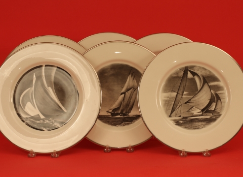 Set of Six Plates by Delano with Rosenfeld Photofraphic yachting Images