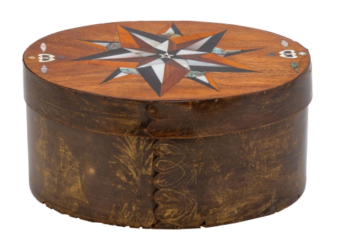 Scrimshaw Baleen Ditty Box with Fabulous Star Inlaid Top Inscribed on the baleen Rim "Made on Board of Barque "Albree" of Mystic by J.D.GA.D 1846..."