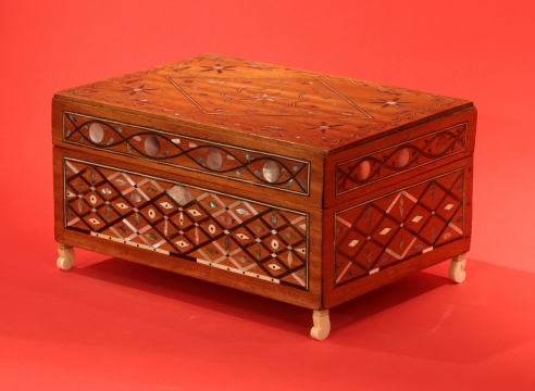 Outstanding Inlaid Sewing Box with fitted Interior with Removable Tray
