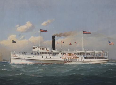 Oil on Canvas depicting the Paddle Wheel Steamship "Old Colony" Signed Fred Pansing