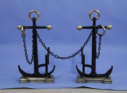 Monumental Cast Iron and Bronze Andirons in the Form of Anchors with Chain, American Last Quarter 19th Century