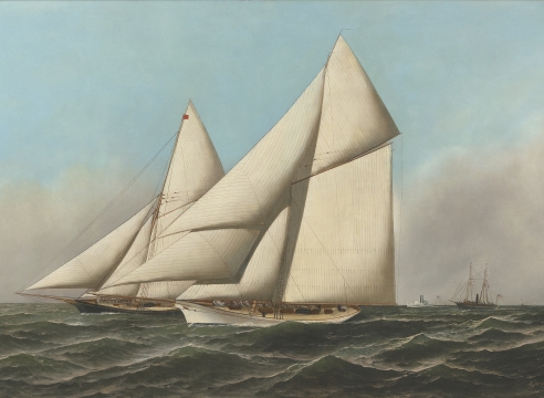 Oil on Canvas Depicting The 1887 America's Cup with Volunteer Vs. Thistle, Signed A. Jacobsen and dated 1887
