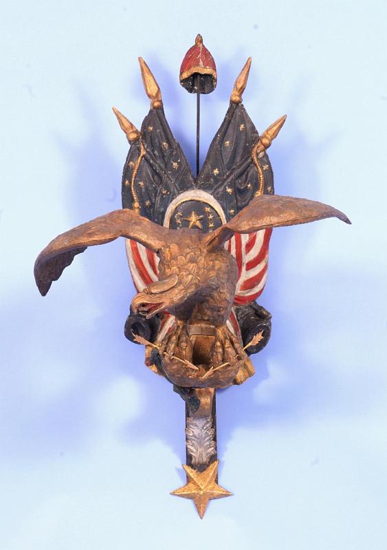 Rare Cast and Polychrome Paint Decorated Zinc Spread Winged Egle with Patriotic Theme, Circa 1880