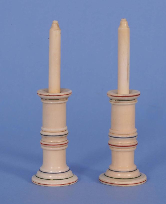 PAIR OF WHALE IVORY CANDLESTICK-FORM PICK WICKS with Polychrome Scribe Lines