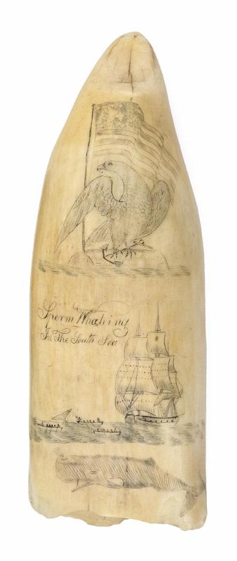 POLYCHROME SCRIMSHAW WHALE TOOTH, ATTRIBUTED TO CALEB ALBRO circa 1840 (2 sided)