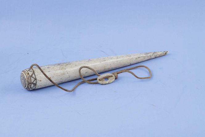 Whalebone Fid with pique decoration and a leather tether, American, Third Quarter 19th Century