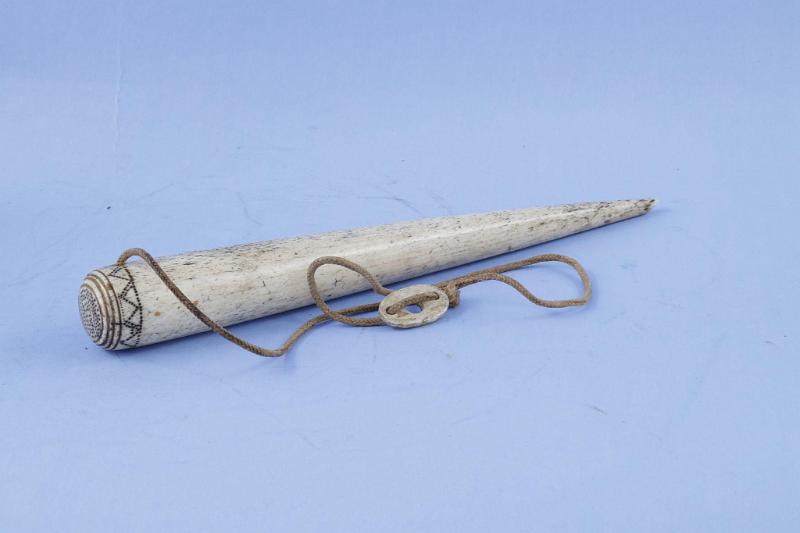 Whalebone Fid with pique decoration and a leather tether, American, Third Quarter 19th Century