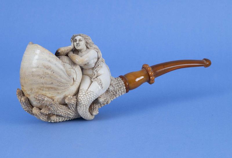 Large Meerschaum 19th Century Pipe with Mermaid and Nautilus Shell with Leather Case