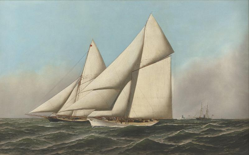 Oil on Canvas Depicting The 1887 America's Cup with Volunteer Vs. Thistle, Signed A. Jacobsen and dated 1887