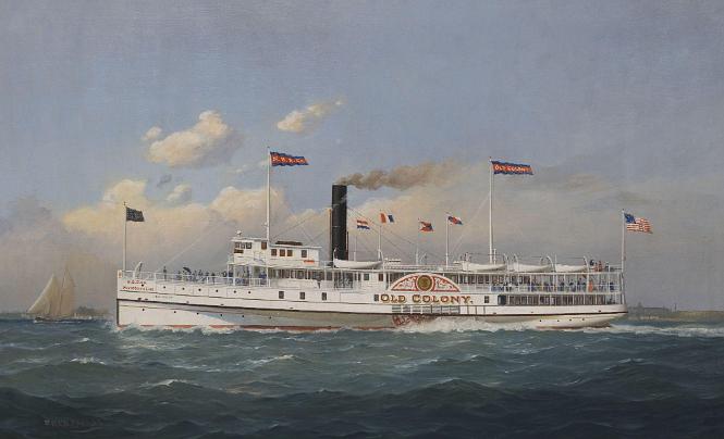 Oil on Canvas depicting the Paddle Wheel Steamship "Old Colony" Signed Fred Pansing