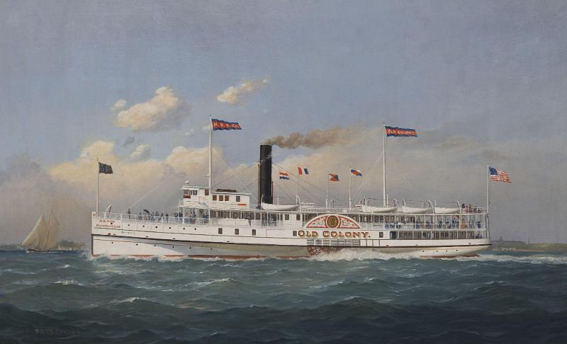 Oil on Canvas depicting the Paddle Wheel Steamship "Old Colony" Signed Fred Pansing