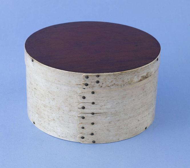 Round Scrimshaw Whalebone Ditty Box with Figured Wood Top and "Hart" Finger Joints, American Mid 19th Century