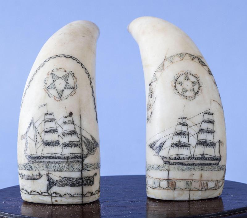 Pair of Polychrome Whales Teeth with Ships and Whaling Scene