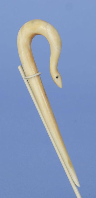 Whale Ivory Scrimshaw Bodkin in the Form of a Lopped Serpent, American Mid 19th Century