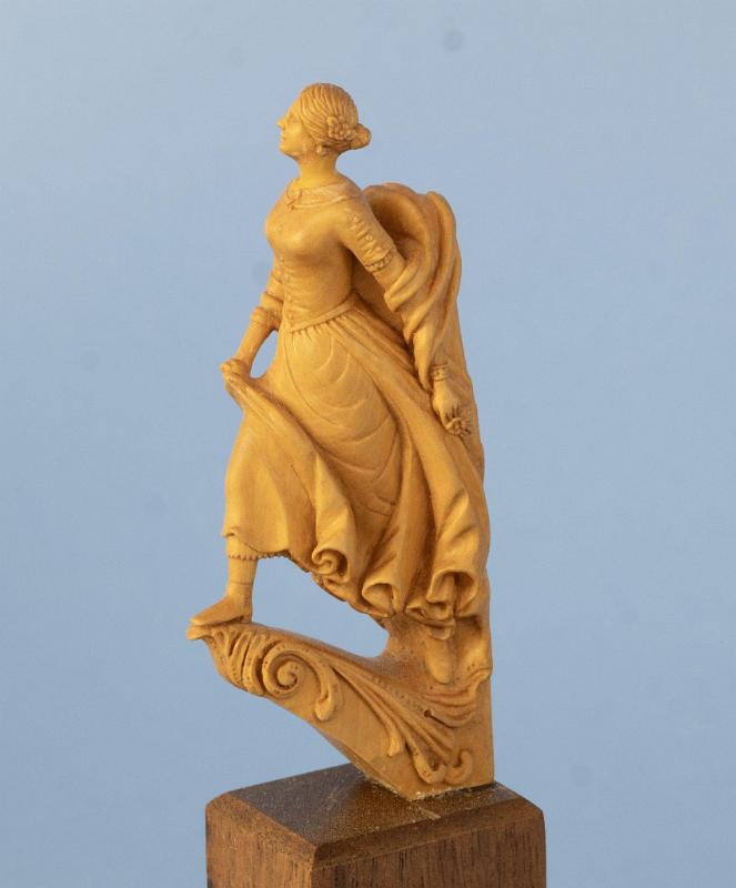 Miniature Carved Boxwood Figurehead by Lloyd McCaffrey of the original figurehead carved by Isac Fowle of Boston circa 1820 Titled "Lady with a Scarf" circa 1980.