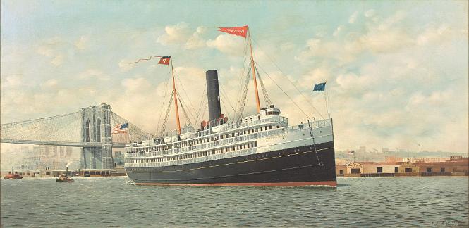 Large Oil on Canvas "Steamship Horatio Hall Coming Up the East River at an Angle" Signed and Dated "Antonio Jacobsen Signed and Dated Antonio Jacobsen 1898 West Hoboken"