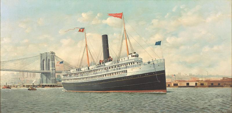 Large Oil on Canvas "Steamship Horatio Hall Coming Up the East River at an Angle" Signed and Dated "Antonio Jacobsen Signed and Dated Antonio Jacobsen 1898 West Hoboken"