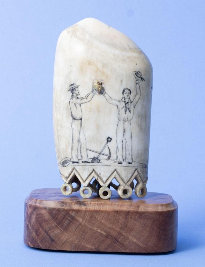Scrimshaw Whales Tooth Depicting A Sailor and Miner Holding up a Inlaid Gold Nugget, American circa 1850