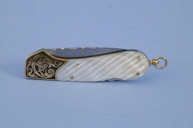 Custom Grooved White Pearl Handle Petite Sized Knife Folding Knife by Joe Kious