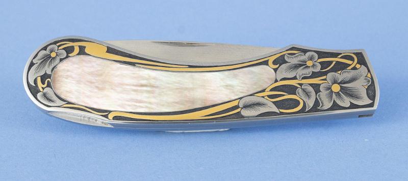 Custom Folding Knife by David Taylor with Engraved Flowers with Gold Inlay