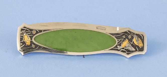 Custom Folding Knife by Jack Busfield With Jade Inlaid Grips Finely Engraved with Gold Inlaid Birds