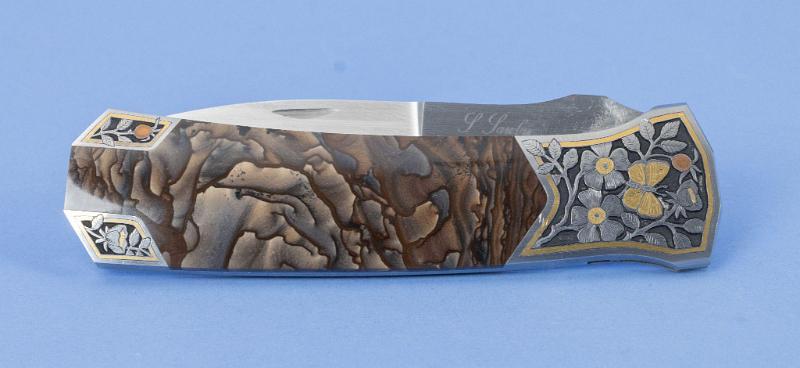 Custom Folding Knife by Scott Sawby with Jasper Wood Gripes With Fine Engraving and Gold Inlay