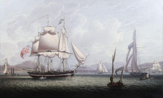 "The Pomona of Greenock Riding at Anchor" signed and dated "RS1818".