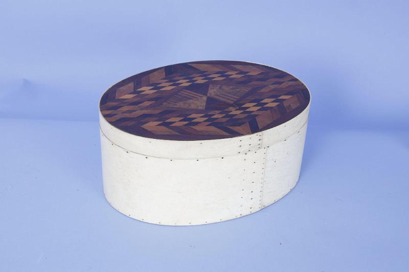 Exceptional Large Oval Whale Bone Ditty Box with Intricate Marquetry Top, American Mid-19th Century