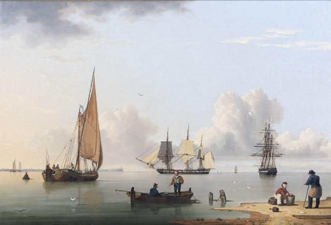 Oil on canvas, titled: "A Frigate Offshore", signed and dated lower right J. Ward 1831. 