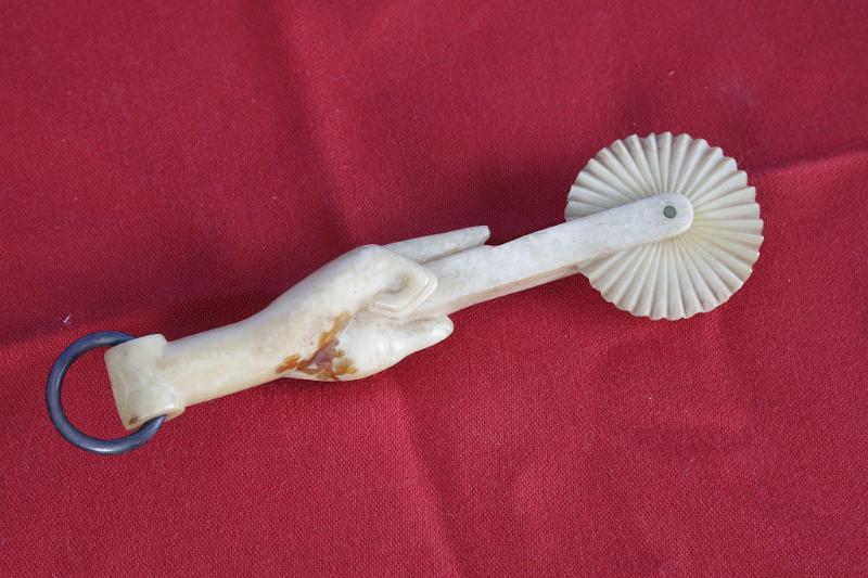 Walrus ivory Pie Crimper With Hand Holding Crimper, America circa 1860