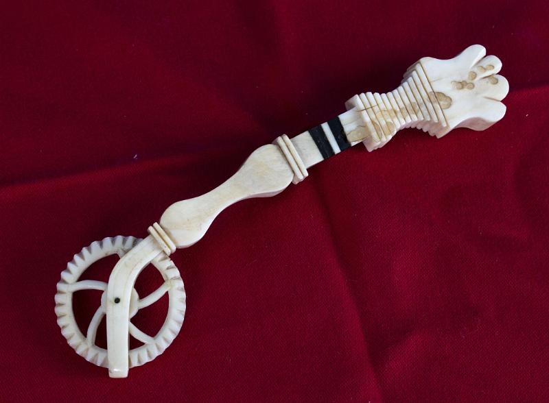 Whale ivory Crimper with Baleen Spacers and Pierced Spooked Wheel, American mid 19th Century