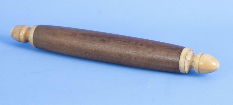 Scrimshaw Rolling Pin with Turned Acorn shaped Whale Ivory Handles with Tropical wood center, American mid 19th Century. 