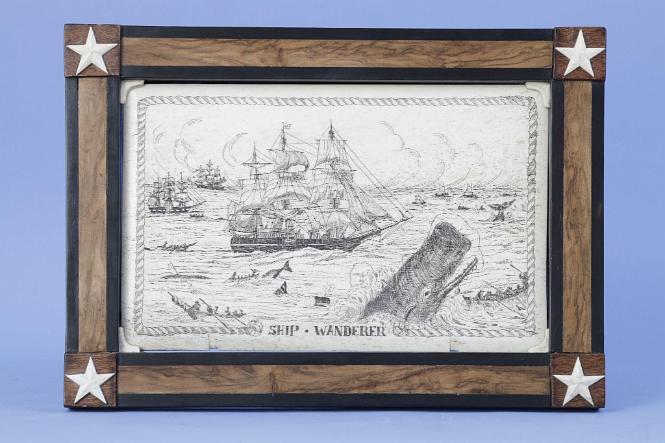 Rare Pan Bone Plaque depicting a whaling scene and signed with "WP" initials hidden in the work, American circa 1945.