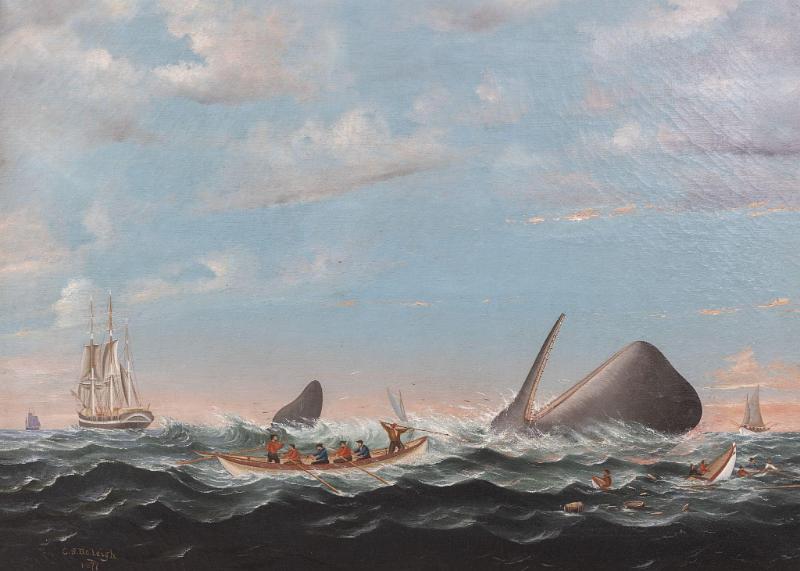Oil on Canvas Attacking a Sperm Whale and a Stove Boat by Charles Sydney Raleigh signed and Dated "CS Raleigh 1877".