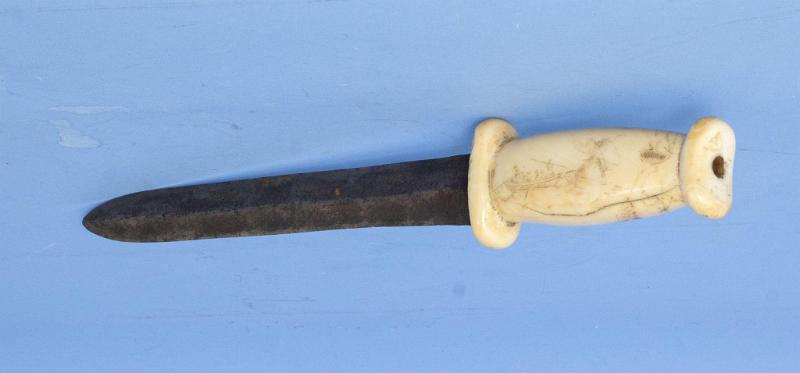 
KNIFE WITH SCRIMSHAW WHALE IVORY HANDLE, AMERICAN MID - 19TH CENTURY