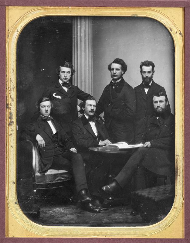 Uncased Full Plate Daguerretype of Six Men Posed Around Illustrated Book by Southworth & Hawes, American circa 1850