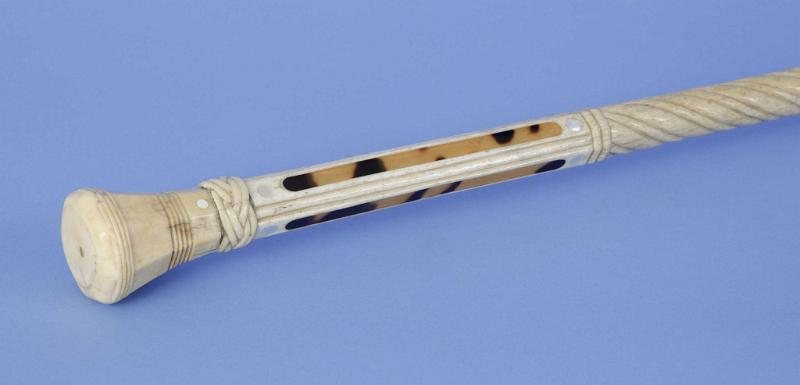 Scrimshaw masterpiece cane with architectural whaler-made paneled capstan-shaped grip walking stick, mid-19th century