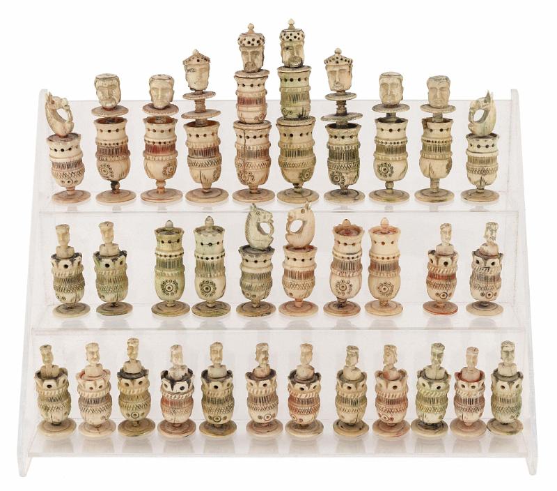 Carved Bone POW Chess Set with Heads and Faces Carved in detail, French/English, circa 1810