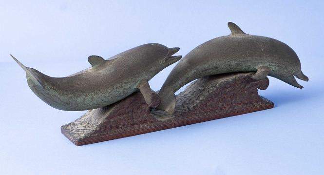 Carved and Painted Carving of two Dolphins on a Carved Wave, Signed and Dated at Bottom of Base, "Robert Innis 1962
